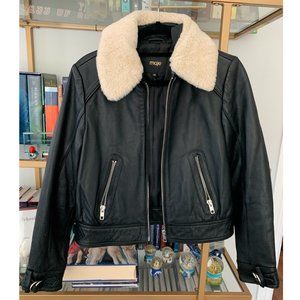 New Maje Bakard Aviator Leather Jacket with Removable Shearling Collar